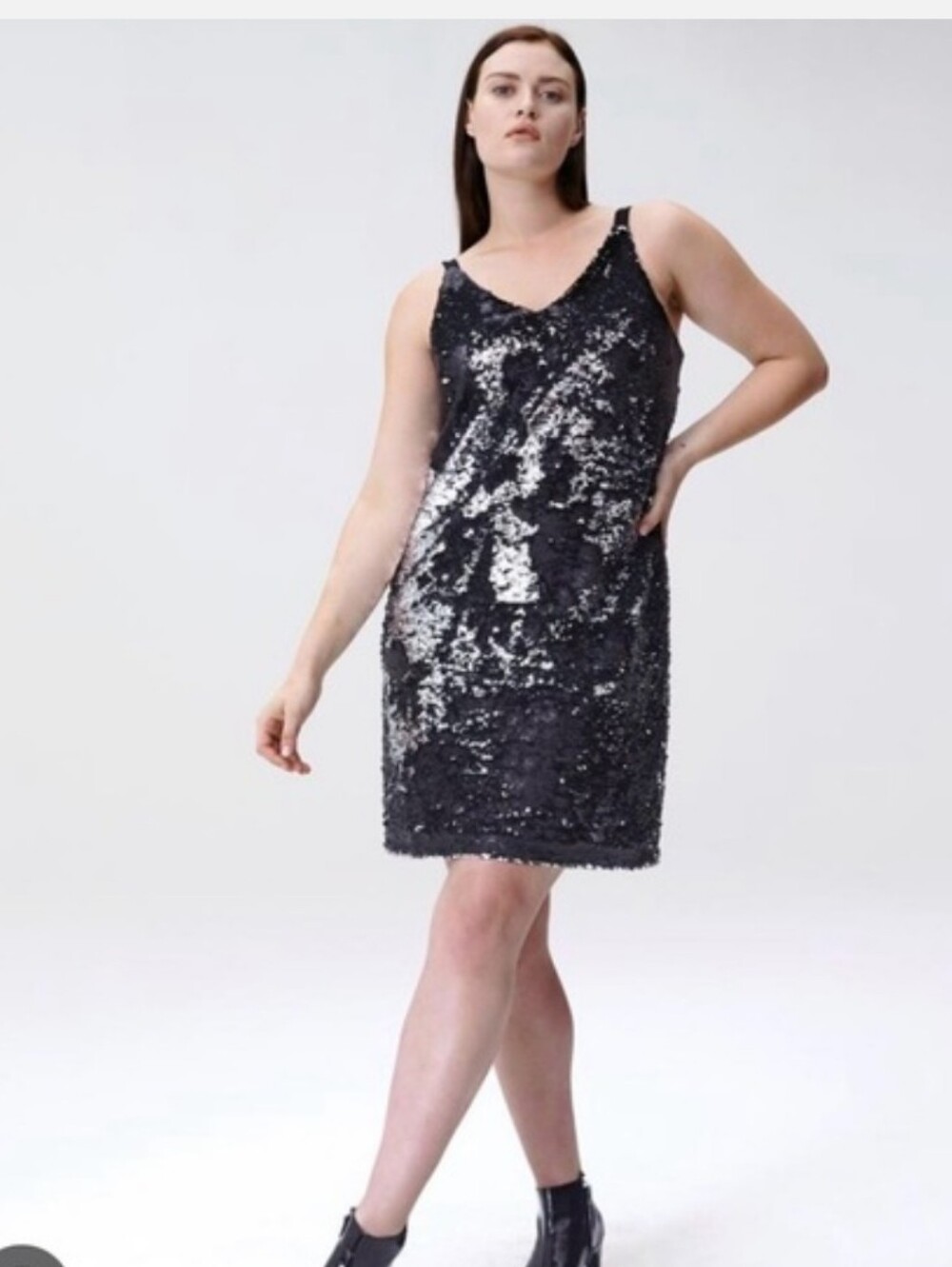 Universal Standard Black Silver Sequin Tank Dress Midi Cocktail Sz M(18-20)